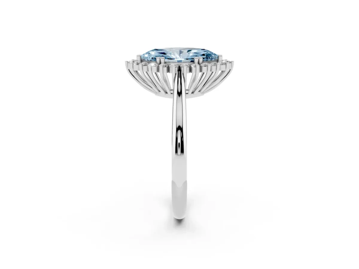 Fancy Blue Marquise Cut Cut Diamond Halo Ring with Solitaire Band and Prong Setting Silver