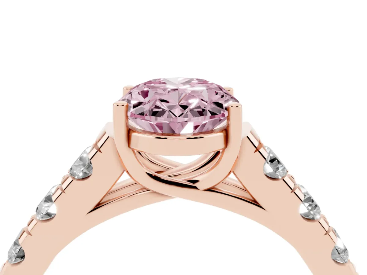 Fancy Pink Oval Cut Cut Diamond Solitaire Ring with Micro Pave Band and Prong Setting Rose gold