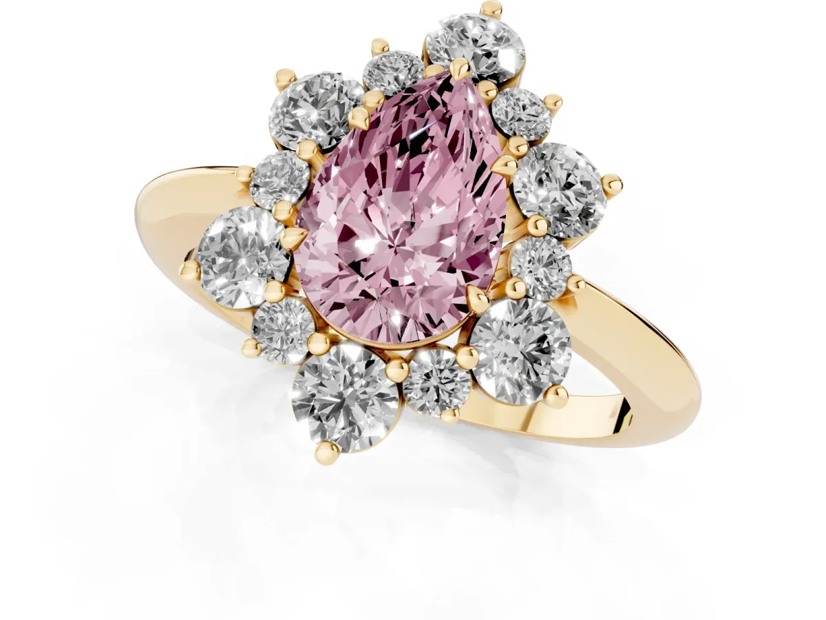 Fancy Pink Pear Cut Diamond Cluster Halo Ring with Solitaire Band and Four-Prong Setting Yellow gold