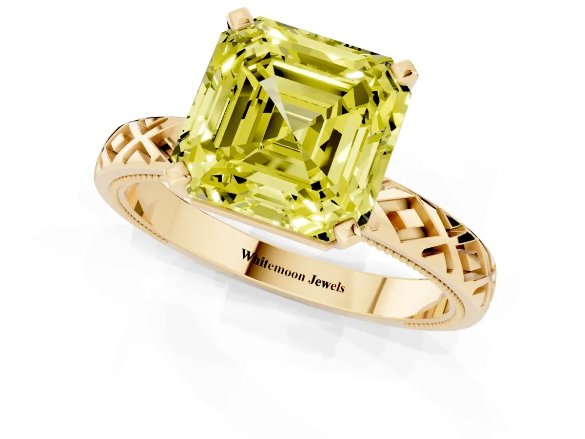 Fancy Yellow Asscher Cut Solitaire Diamond Ring with Milgrain and Black Enamel X Pattern Band Yellow gold