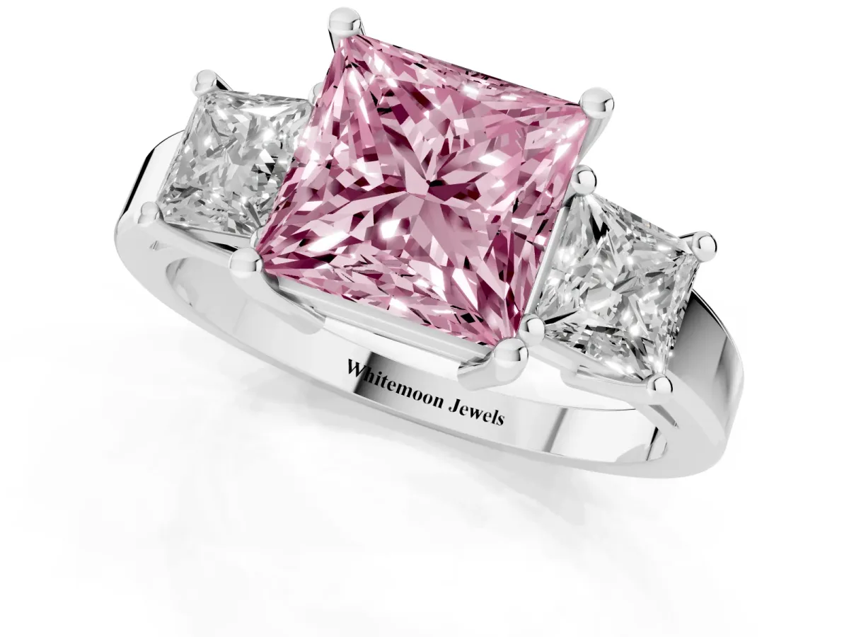 Fancy Pink Three-Stone Princess Cut Cut Solitaire Ring with Prong Setting Silver