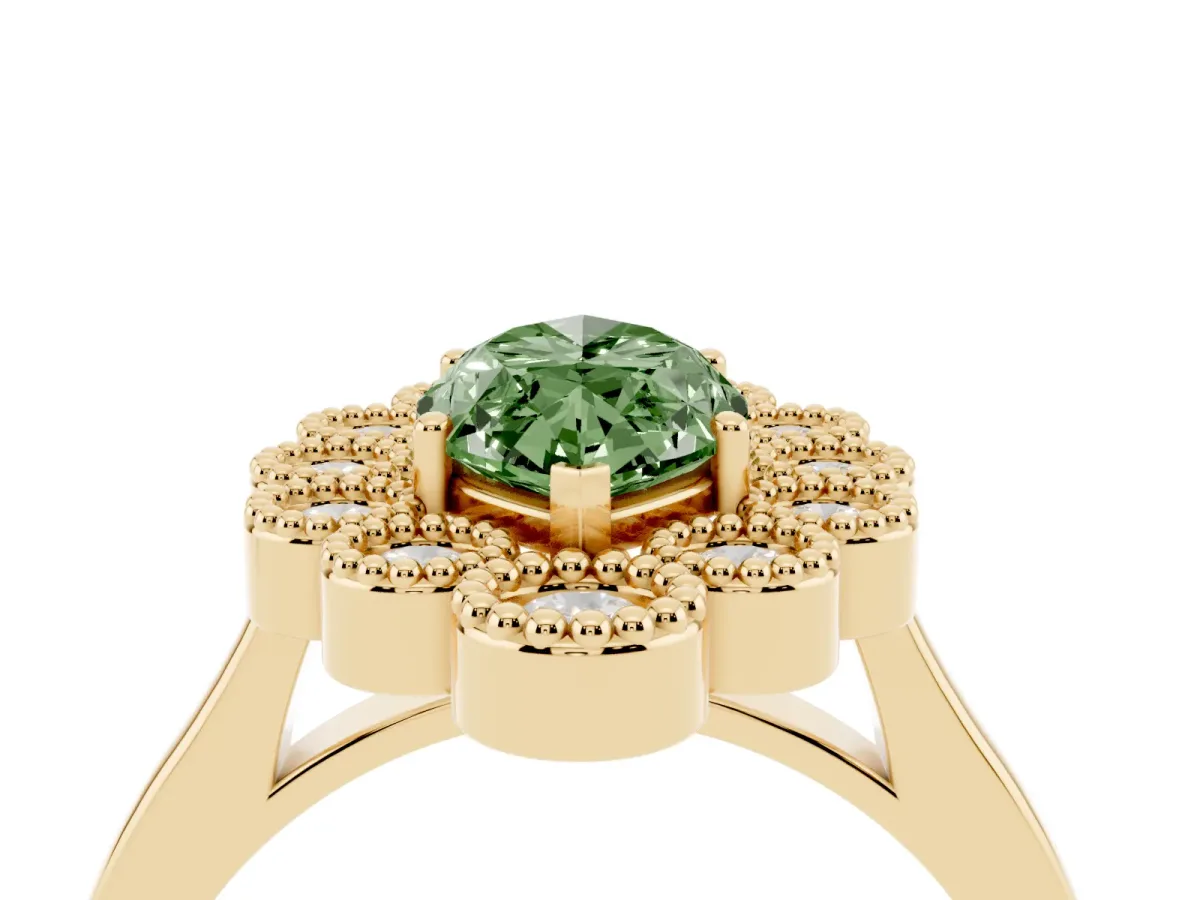 Fancy Green Marquise Cut Halo Diamond Cluster Engagement Ring with Milgrain Bezel Setting and Solitaire Band Yellow gold