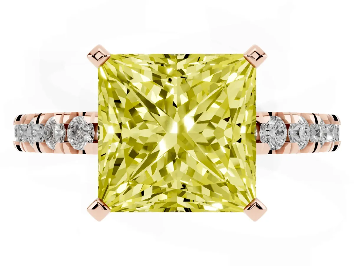 Fancy Yellow Princess Cut Diamond Pavé Band Solitaire with Four-Prong Setting Rose gold