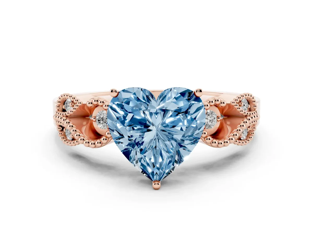 Fancy Blue Heart Cut Solitaire Milgrain Leaf Band with Prong Setting Rose gold