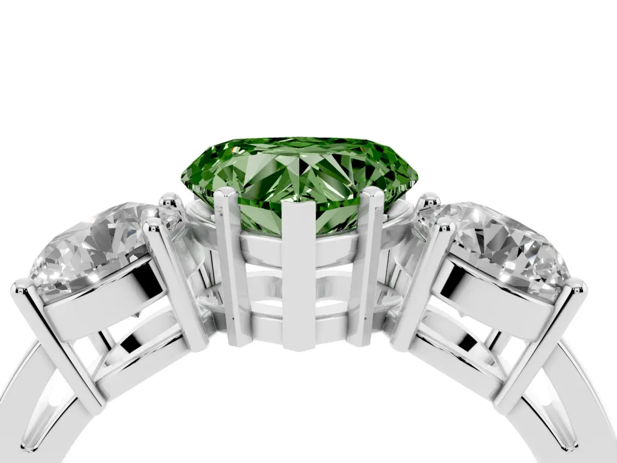 Fancy Green Three-Stone Heart Cut Diamond Ring with Round Side Stones, Classic Band, and Four-Prong Setting White gold