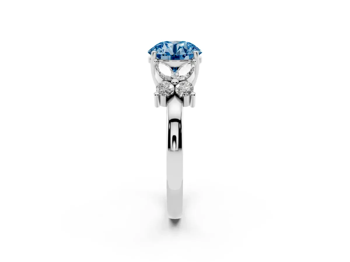 Fancy Blue Round Cut Diamond Floral Cluster Ring with Solitaire Band and Prong Setting Silver