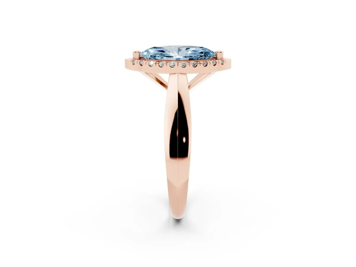 Fancy Blue Marquise Cut Cut Halo Solitaire Engagement Ring with Square Band and Four-Prong Setting Rose gold