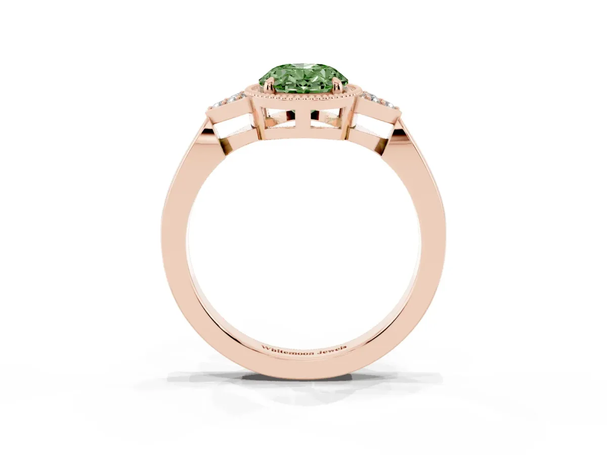 Fancy Green Hexagonal Halo Oval Cut Diamond Solitaire with Pavé Band and Four-Prong Setting Rose gold