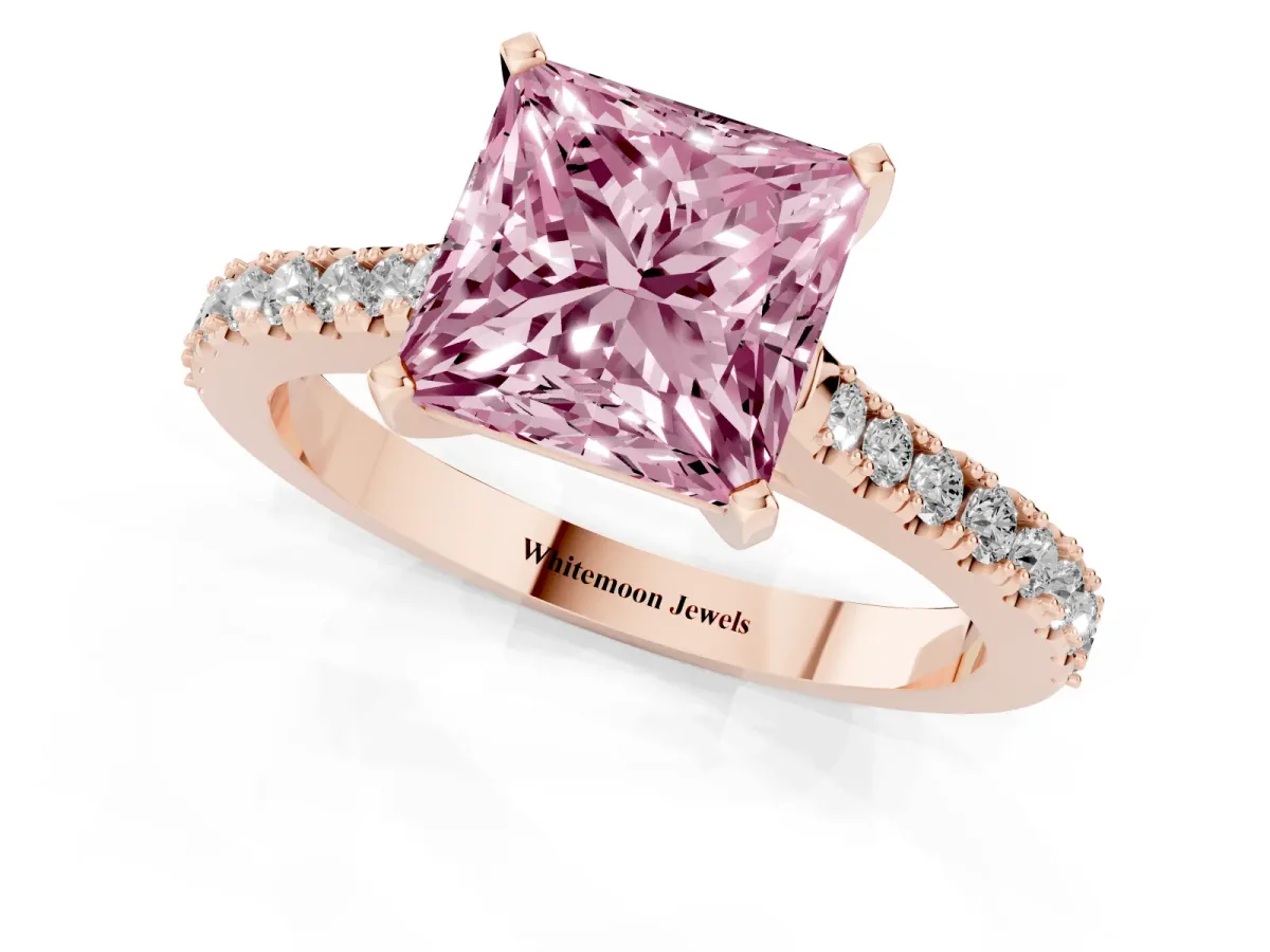 Fancy Pink Princess Cut Cut Solitaire Diamond Engagement Ring with Pave Band and Four-Prong Setting Rose gold