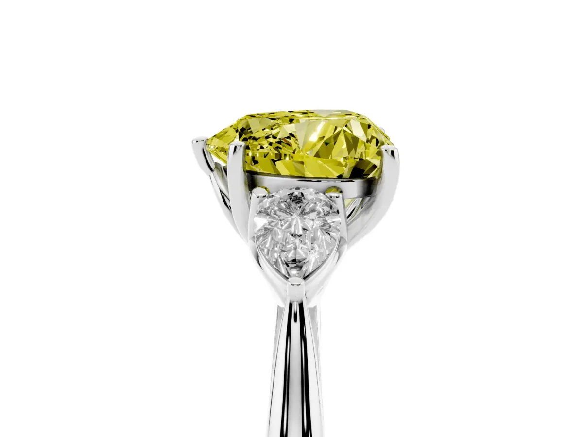 Fancy Yellow Three-Stone Heart Cut Diamond Ring with Pear Side Stones in Four-Prong Setting Silver