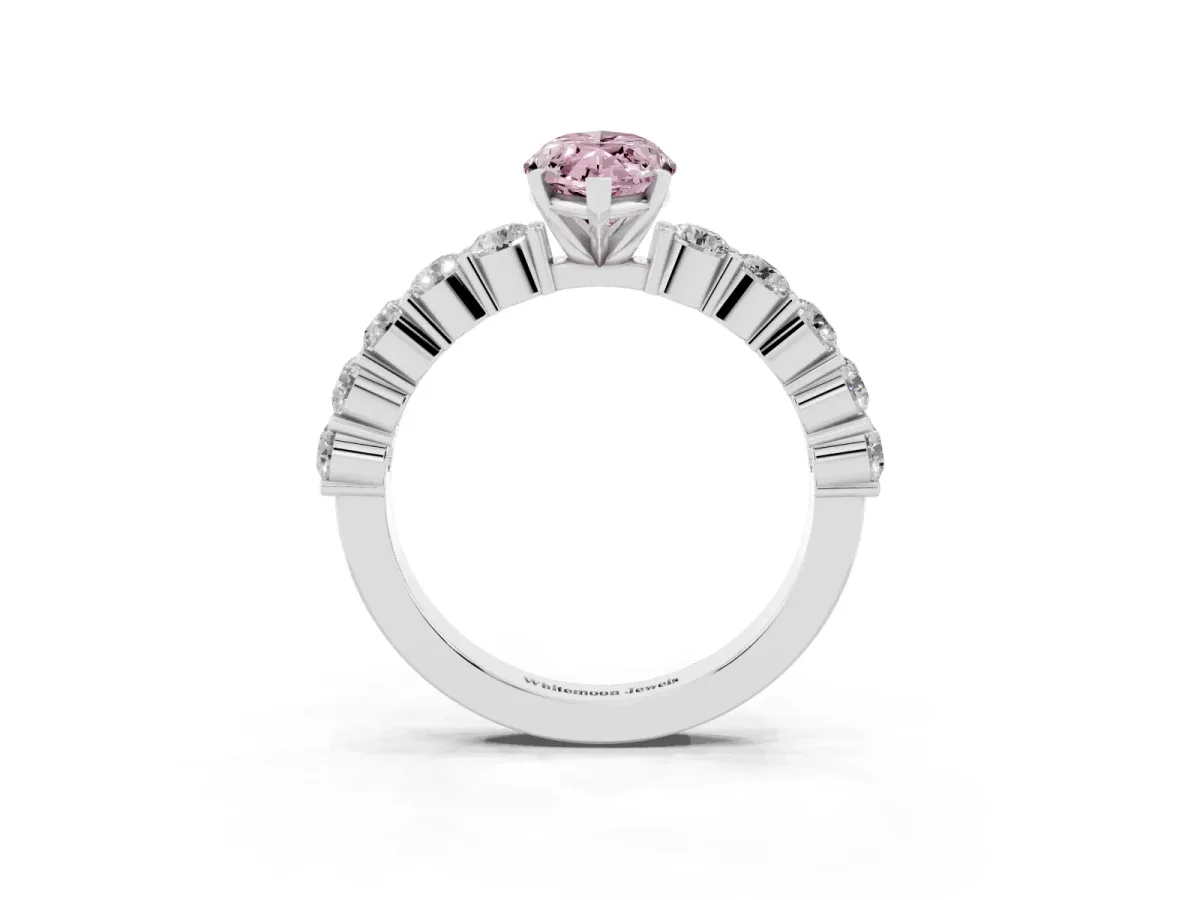 Fancy Pink Marquise Cut Diamond Solitaire Ring with Shared Prong Round Side Stones Platinum