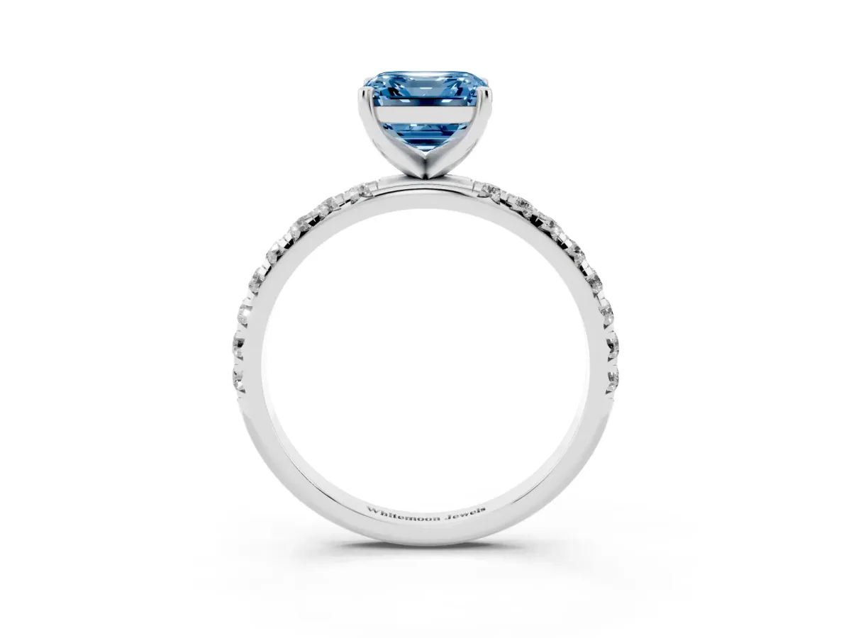 Fancy Blue Asscher Cut Cut Diamond Solitaire Ring with Micro Pave Band and Four Prong Setting Silver