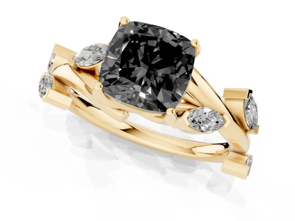 Fancy Black Cushion Cut Solitaire Twisted Band Marquise Accent Prong Setting Ring Yellow gold