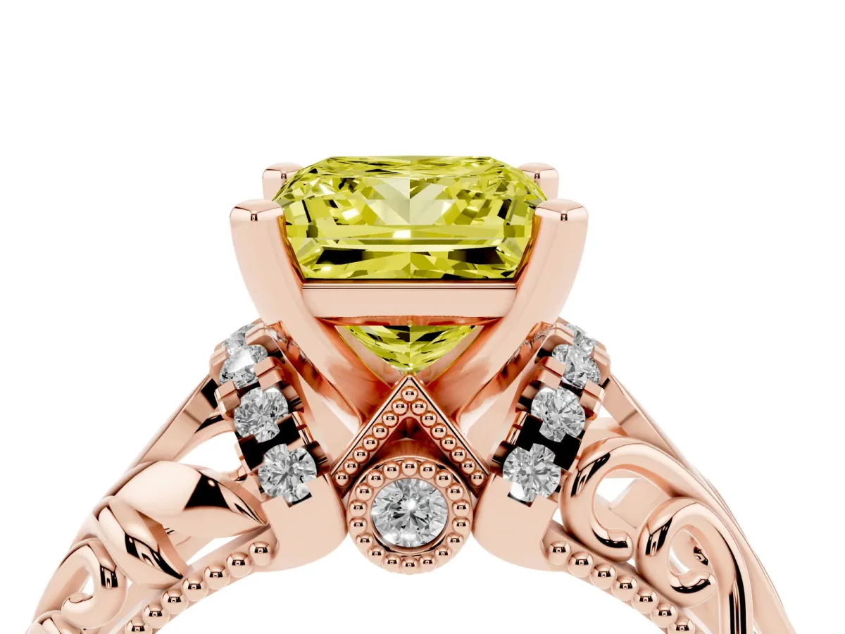 Fancy Yellow Princess Cut Solitaire Filigree Engagement Ring with Halo and Prong Setting Rose gold