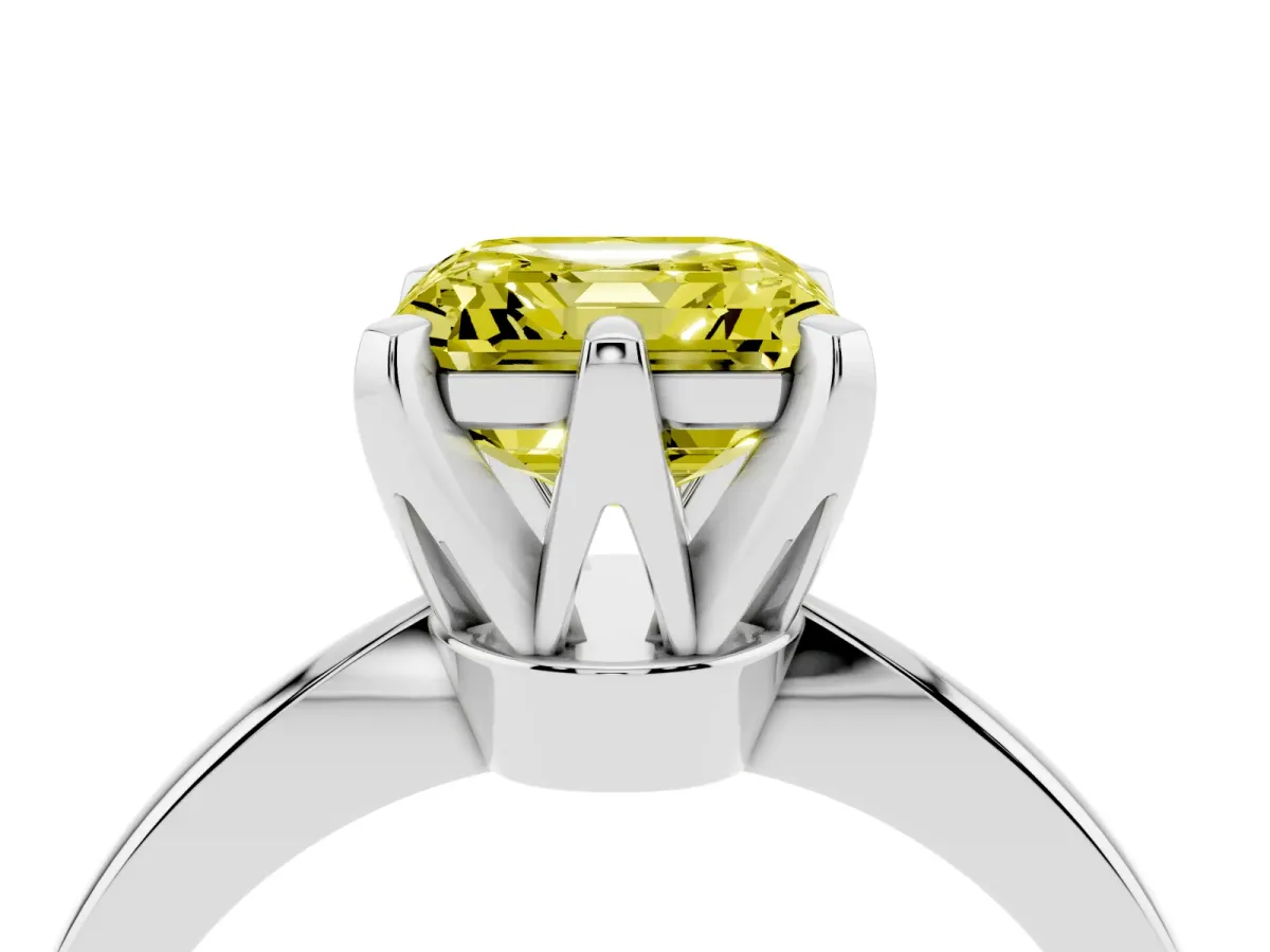 Fancy Yellow Asscher Cut Solitaire Engagement Ring with Six-Prong Setting and Tapered Band Silver
