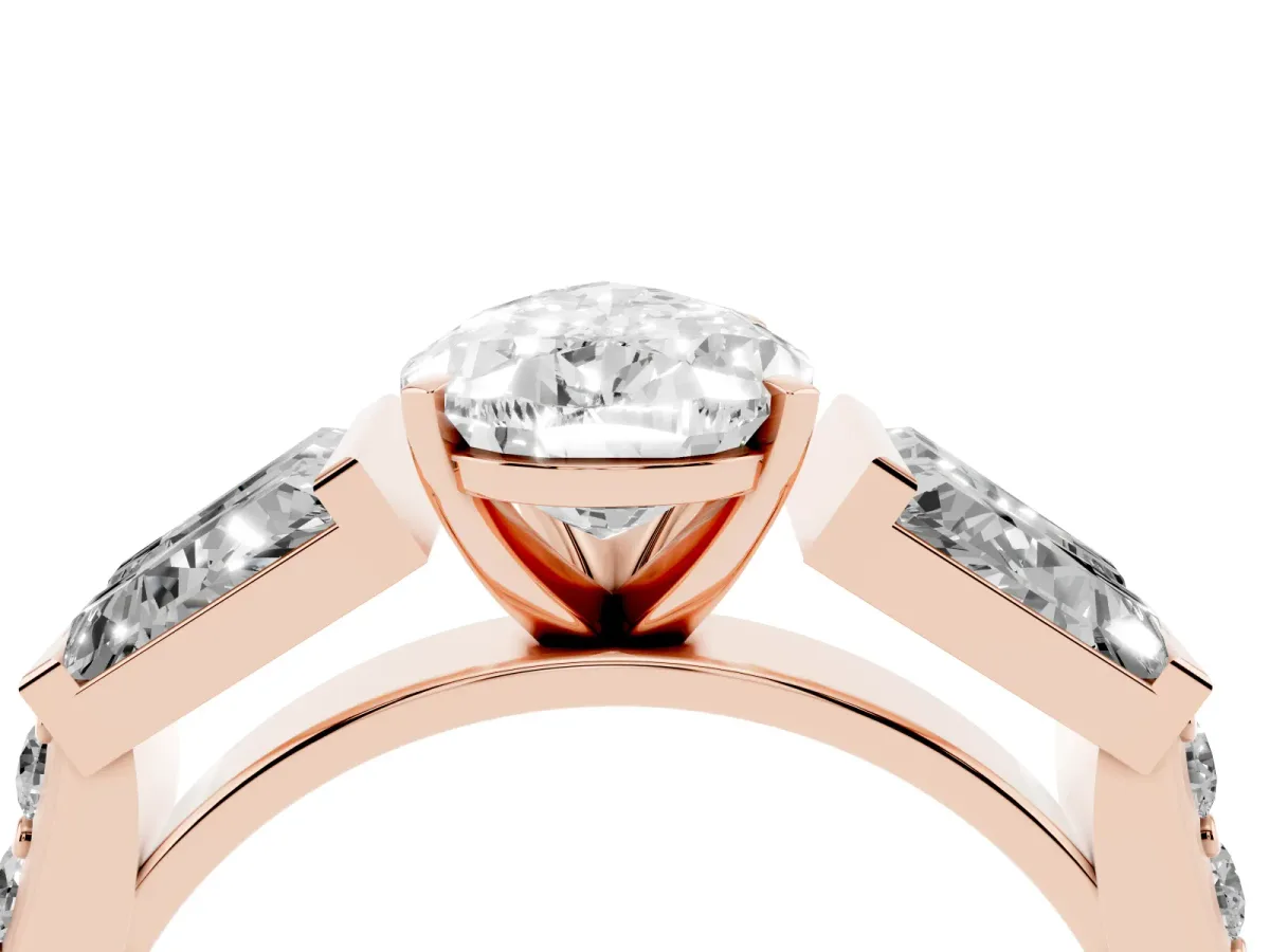 Pear Cut Diamond Engagement Ring with Baguette Side Stones and Channel Set Band Rose gold