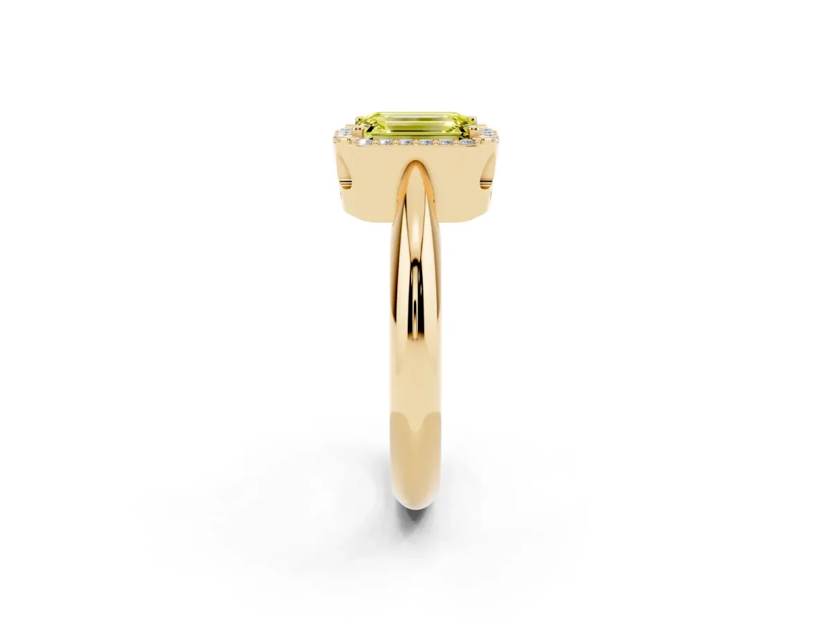 Fancy Yellow Emerald Cut Cut Diamond Halo Engagement Ring with Split Shank and Four-Prong Setting Yellow gold