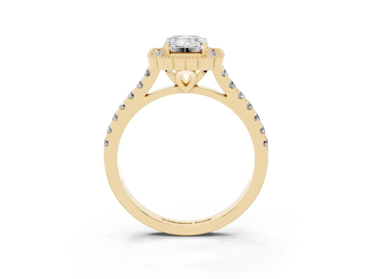 Emerald Cut Cut Diamond Milgrain Floral Halo Engagement Ring with Pavé Band Yellow gold