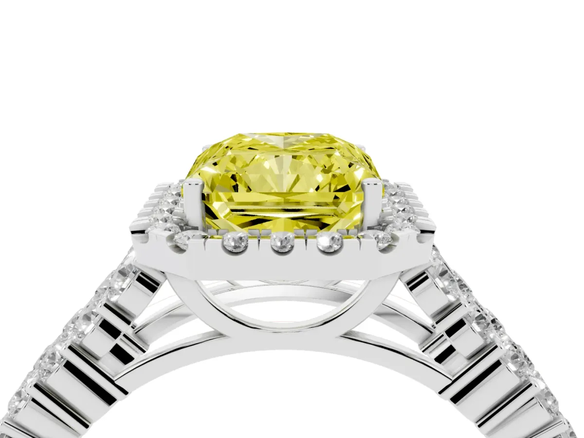 Fancy Yellow Radiant Cut Diamond Halo Engagement Ring with Triple Row Round Pavé Band and Prong Setting Platinum