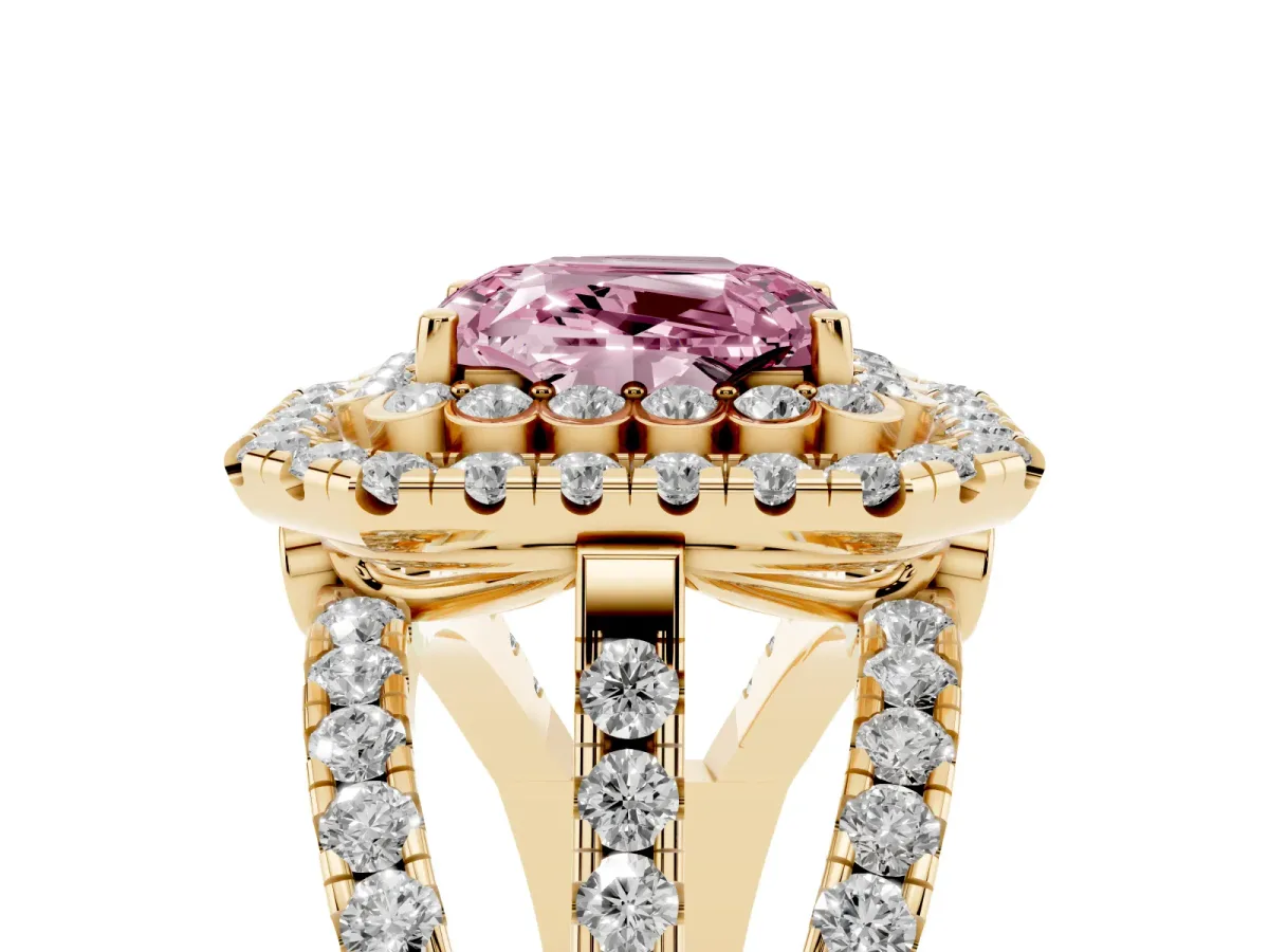 Fancy Pink Emerald Cut Diamond Double Halo Ring with Round Pavé Split Shank and Prong Setting Yellow gold