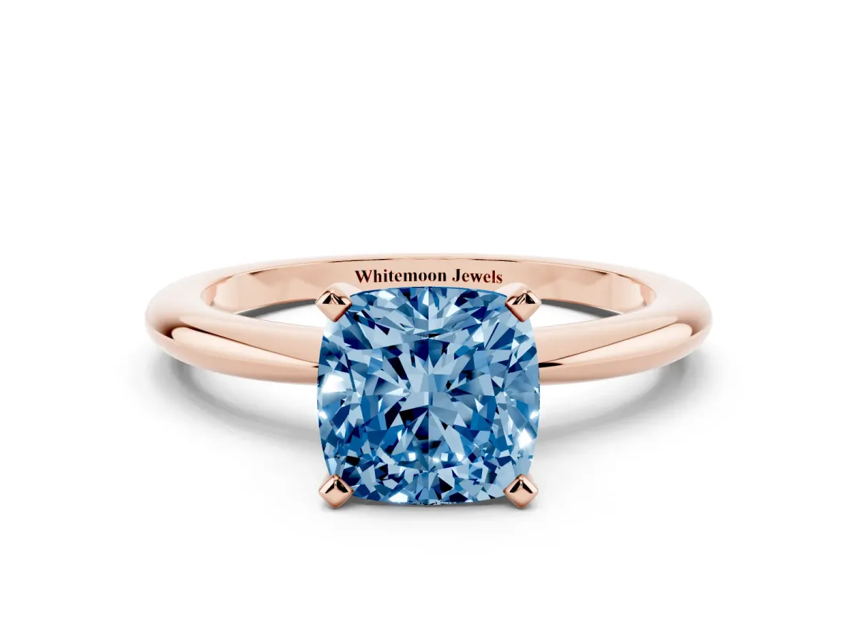 Fancy Blue Cushion Cut Diamond Solitaire Ring with Prong Setting and Classic Band Rose gold