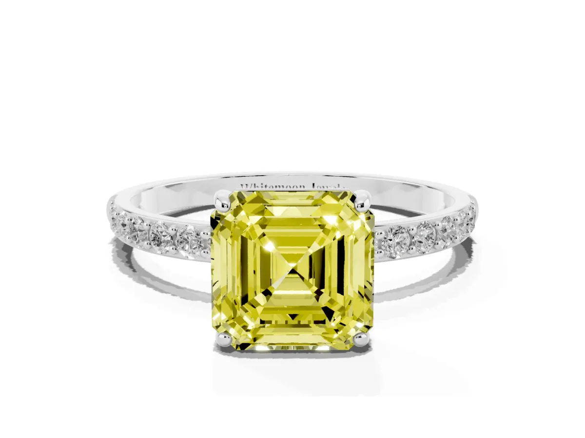 Fancy Yellow Asscher Cut Diamond Solitaire Ring with Round Pavé Shoulders and Prong Setting Silver