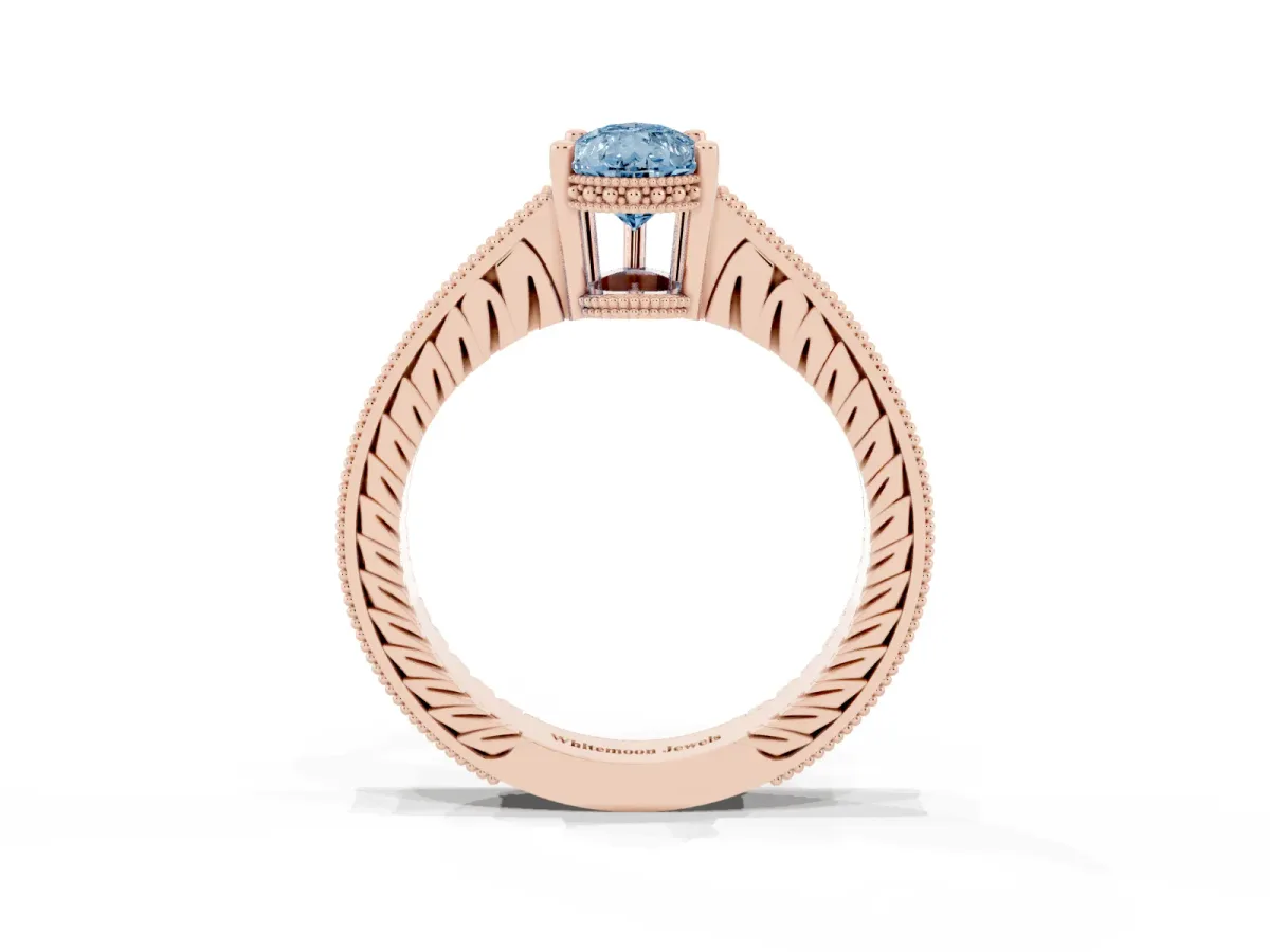 Fancy Blue Pear Cut Solitaire Pavé Diamond Milgrain Engagement Ring with Four-Prong Setting Rose gold