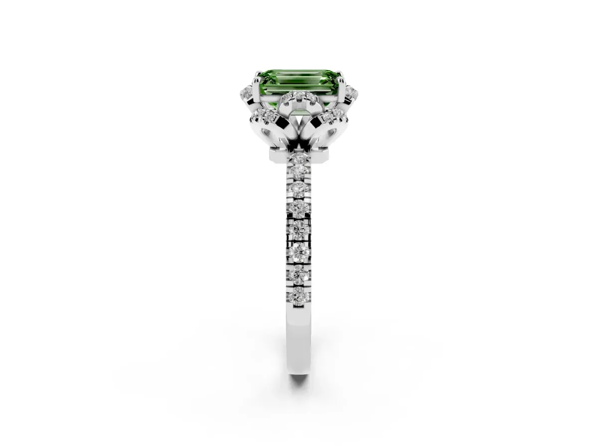 Fancy Green Emerald Cut Diamond Halo Pave Band with Four-Prong Setting Silver