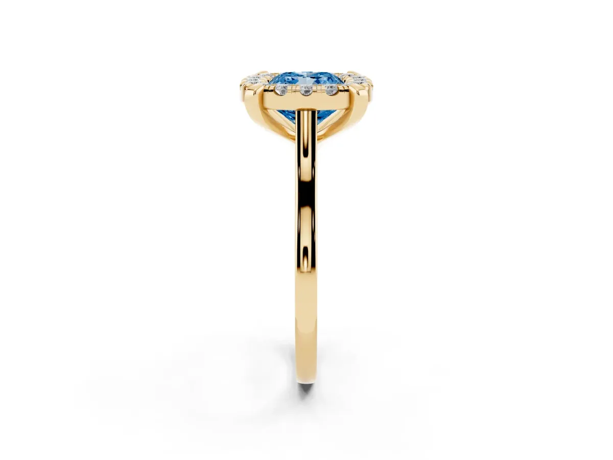Fancy Blue Cushion Cut Diamond Cluster Halo Solitaire with Four-Prong Setting Yellow gold