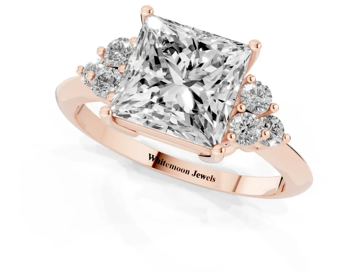 Princess Cut Cut Diamond Cluster Ring with Solitaire Band and Four-Prong Setting Rose gold