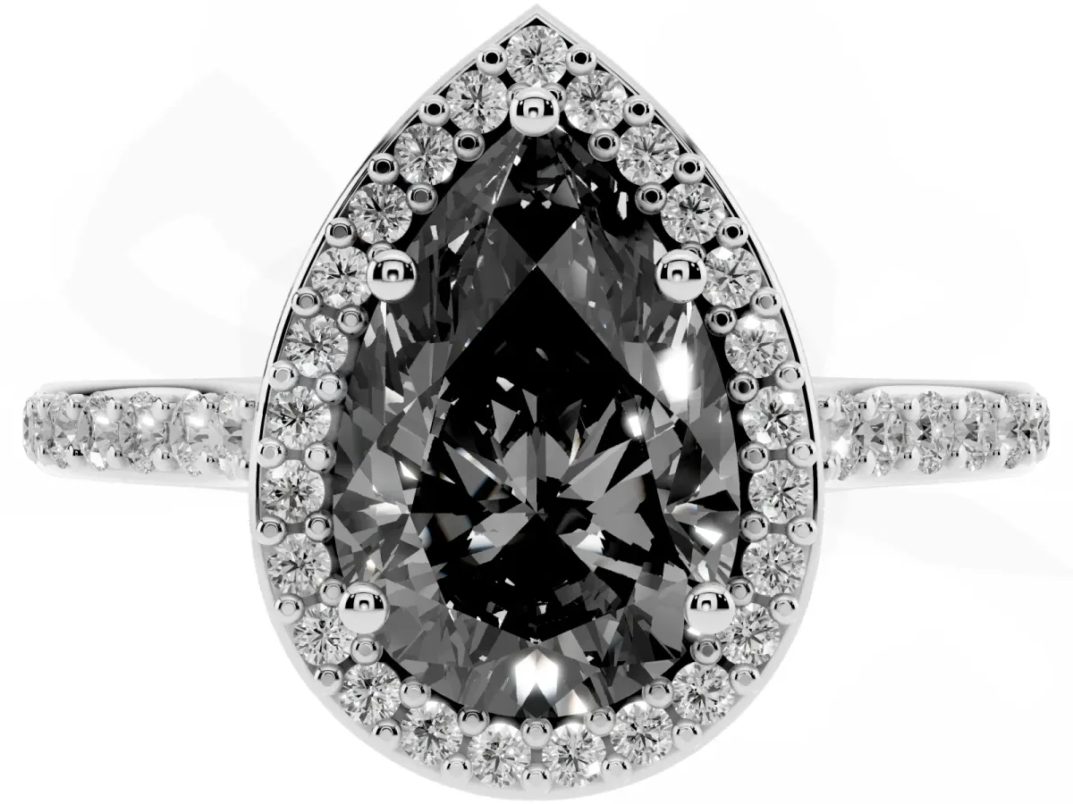 Fancy Black Pear Cut Diamond Halo Engagement Ring with Round Pavé Shoulders and Prong Setting Platinum