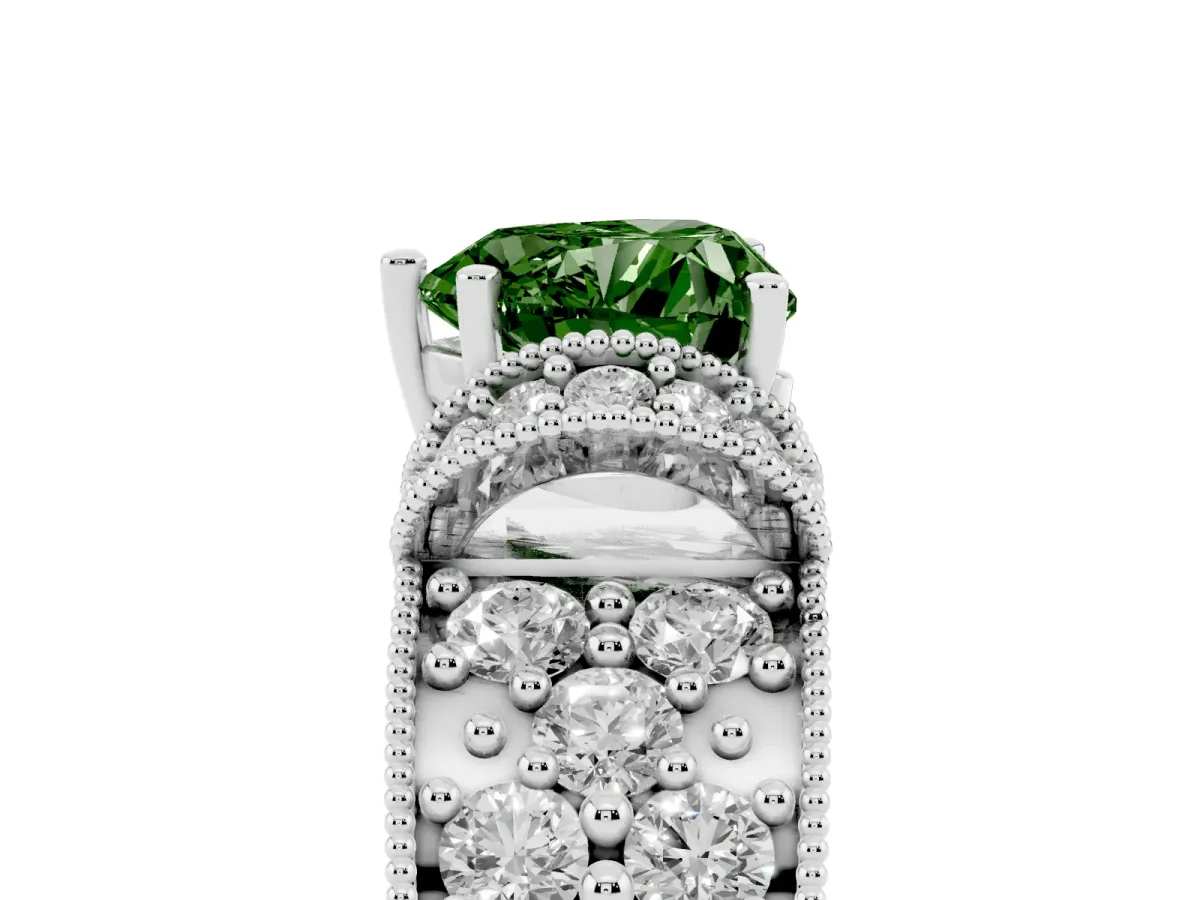 Fancy Green Heart Cut Halo Pave Diamond Engagement Ring with Milgrain Detailing White gold