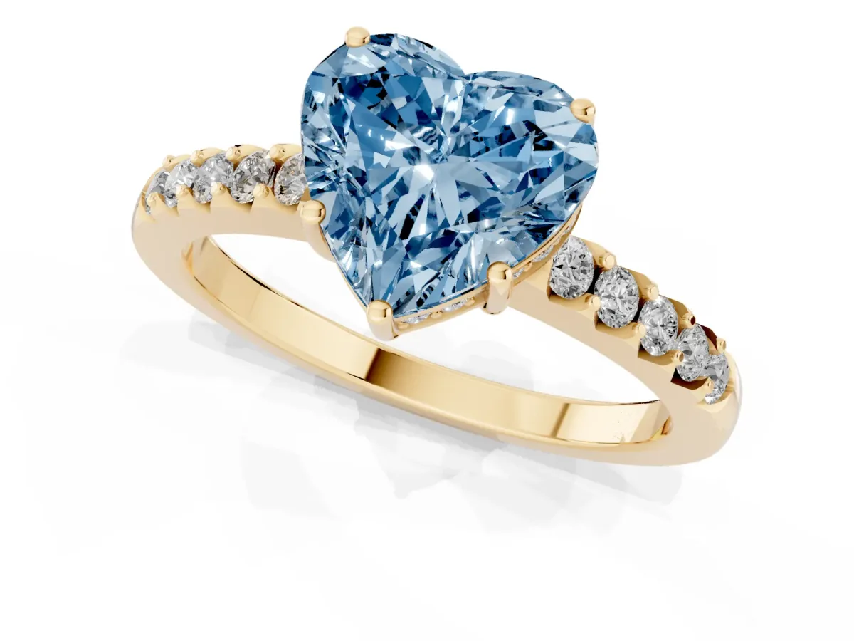 Fancy Blue Heart Cut Solitaire Diamond Engagement Ring with Pavé Band and Six-Prong Setting Yellow gold