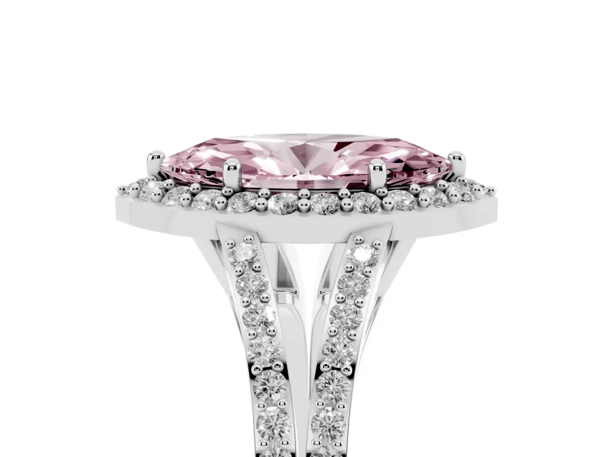Fancy Pink Marquise Cut Halo Split Shank Diamond Ring with Prong Setting Platinum