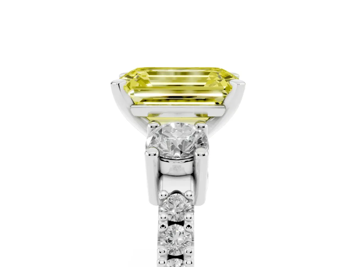 Fancy Yellow Emerald Cut Three-Stone Diamond Pavé Band with Prong Setting Platinum