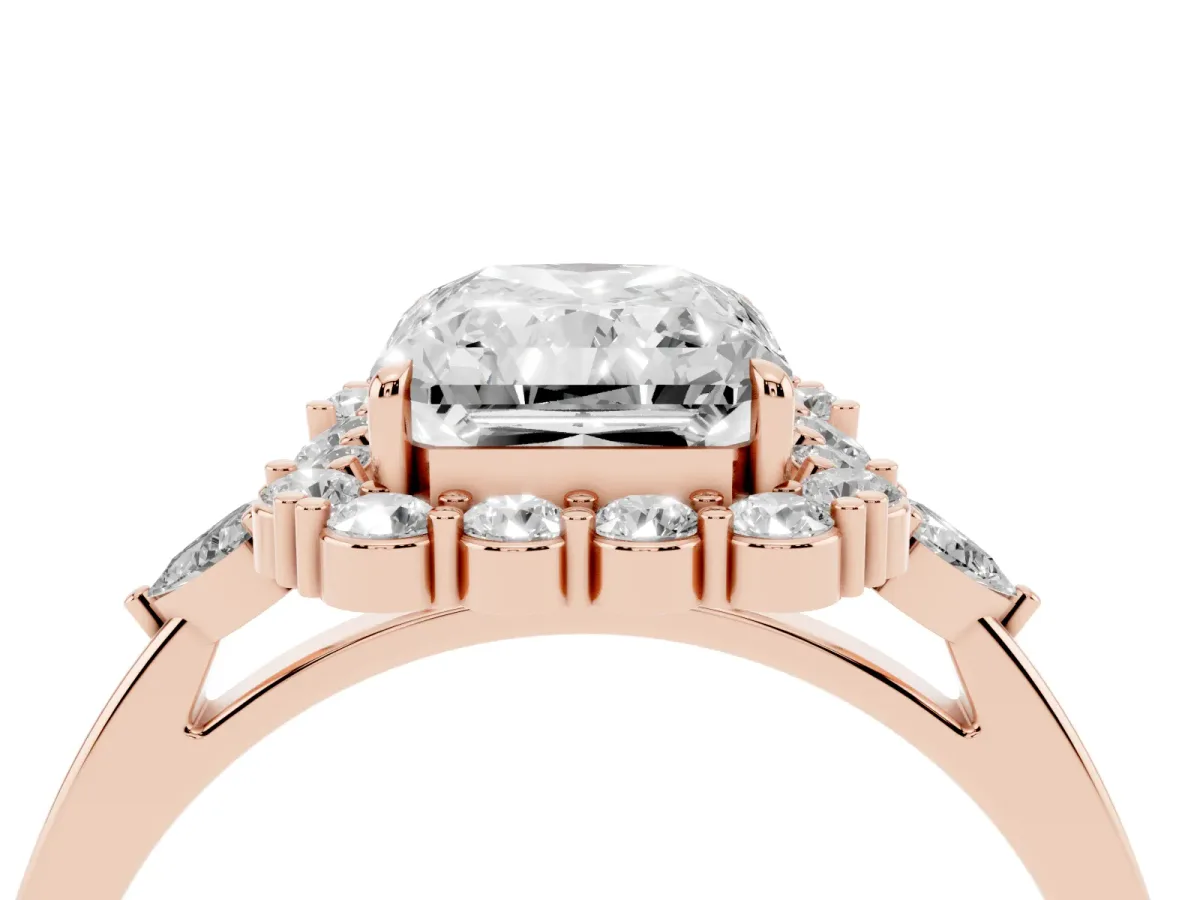 Radiant Cut Diamond Halo Ring with Pear Side Stones and Prong Setting Rose gold