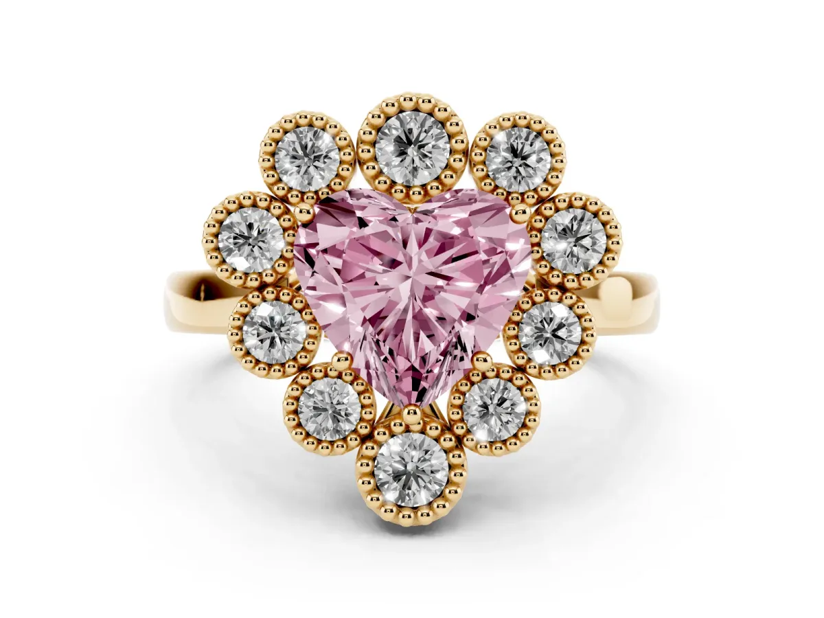 Fancy Pink Heart Cut Halo Diamond Cluster Engagement Ring with Milgrain Bezel Setting and Solitaire Band Yellow gold
