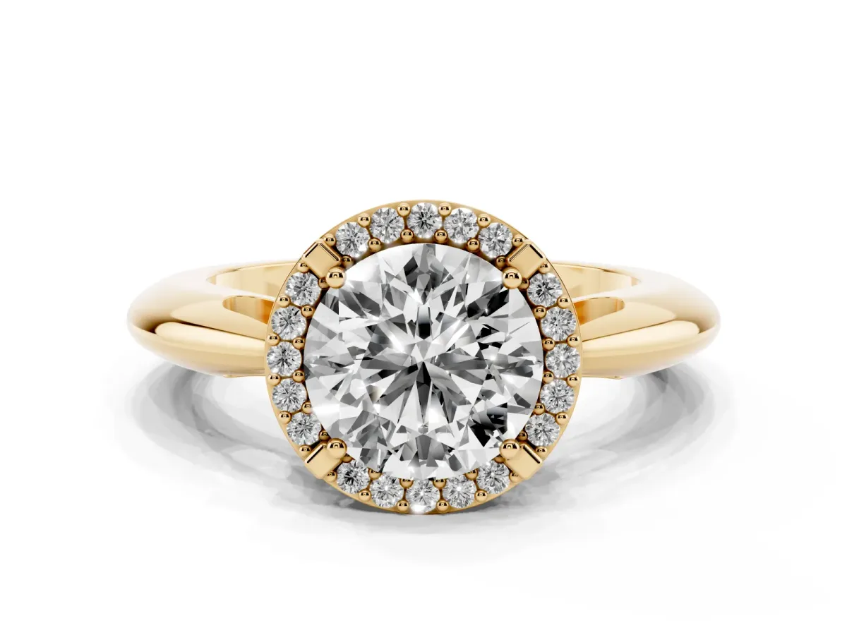 Round Cut Cut Diamond Halo Engagement Ring with Split Shank and Four-Prong Setting Yellow gold