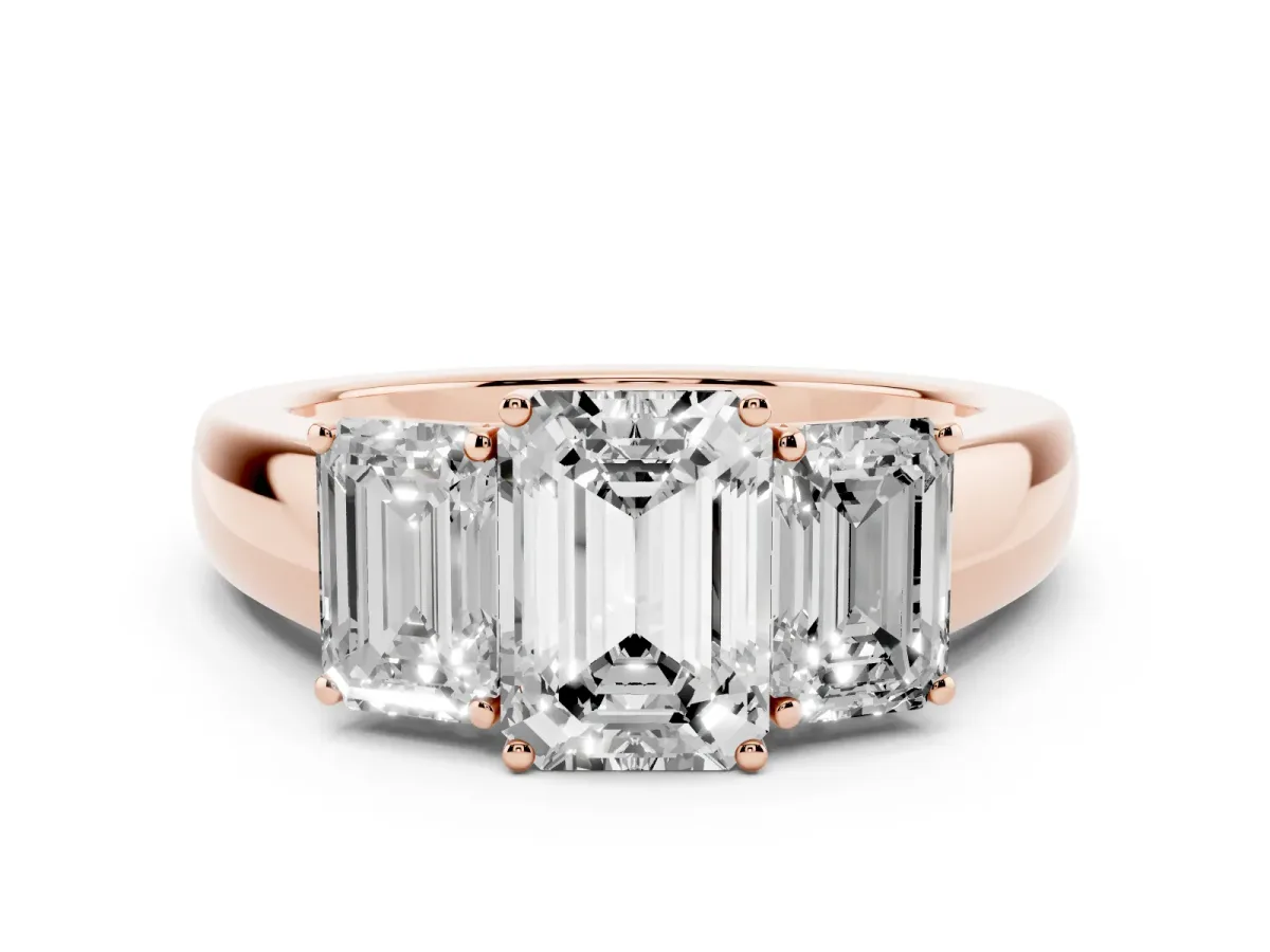 Three-Stone Emerald Cut Cut Diamond Ring with Prong Setting and Classic Band Rose gold