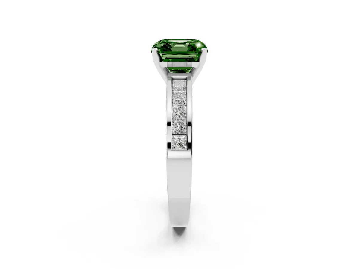 Fancy Green Asscher Cut Solitaire Diamond Ring with Channel-Set Band and Four-Prong Setting Silver