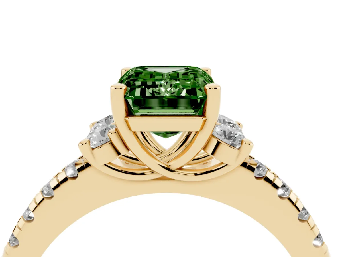 Fancy Green Emerald Cut Diamond Three-Stone Pave Band with Four-Prong Setting Yellow gold