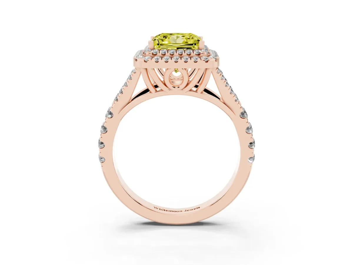 Fancy Yellow Princess Cut Diamond Pavé Split Shank Double Halo Engagement Ring Rose gold