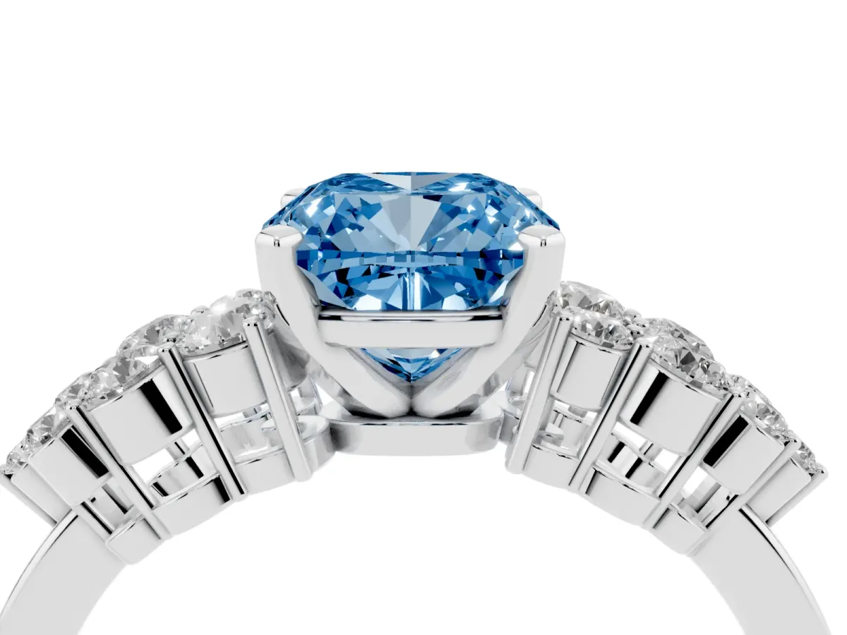 Fancy Blue Cushion Cut Cluster Diamond Engagement Ring with Pavé Band and Four-Prong Setting White gold
