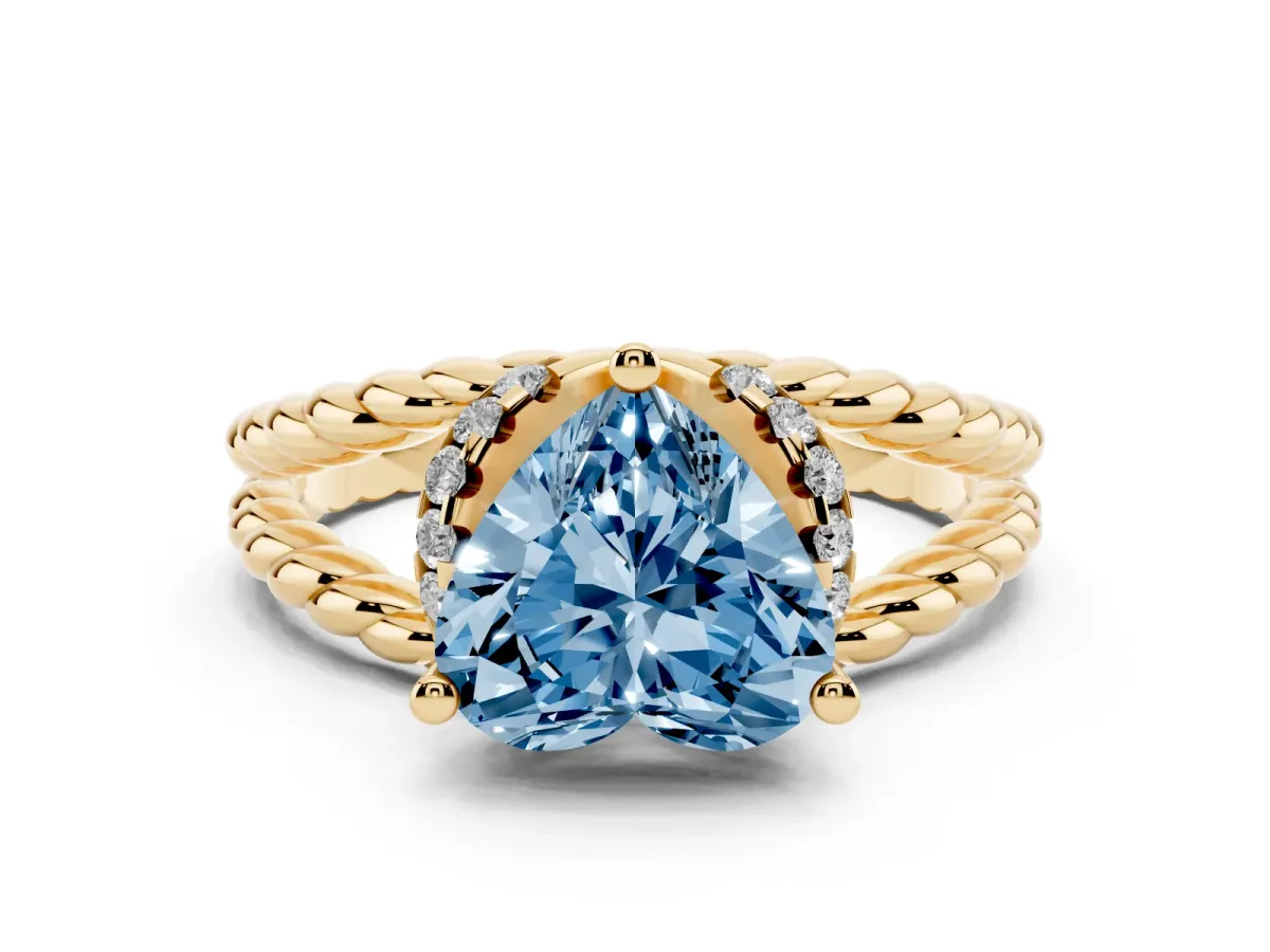 Fancy Blue Heart Cut Halo Twisted Band Four-Prong Ring Yellow gold