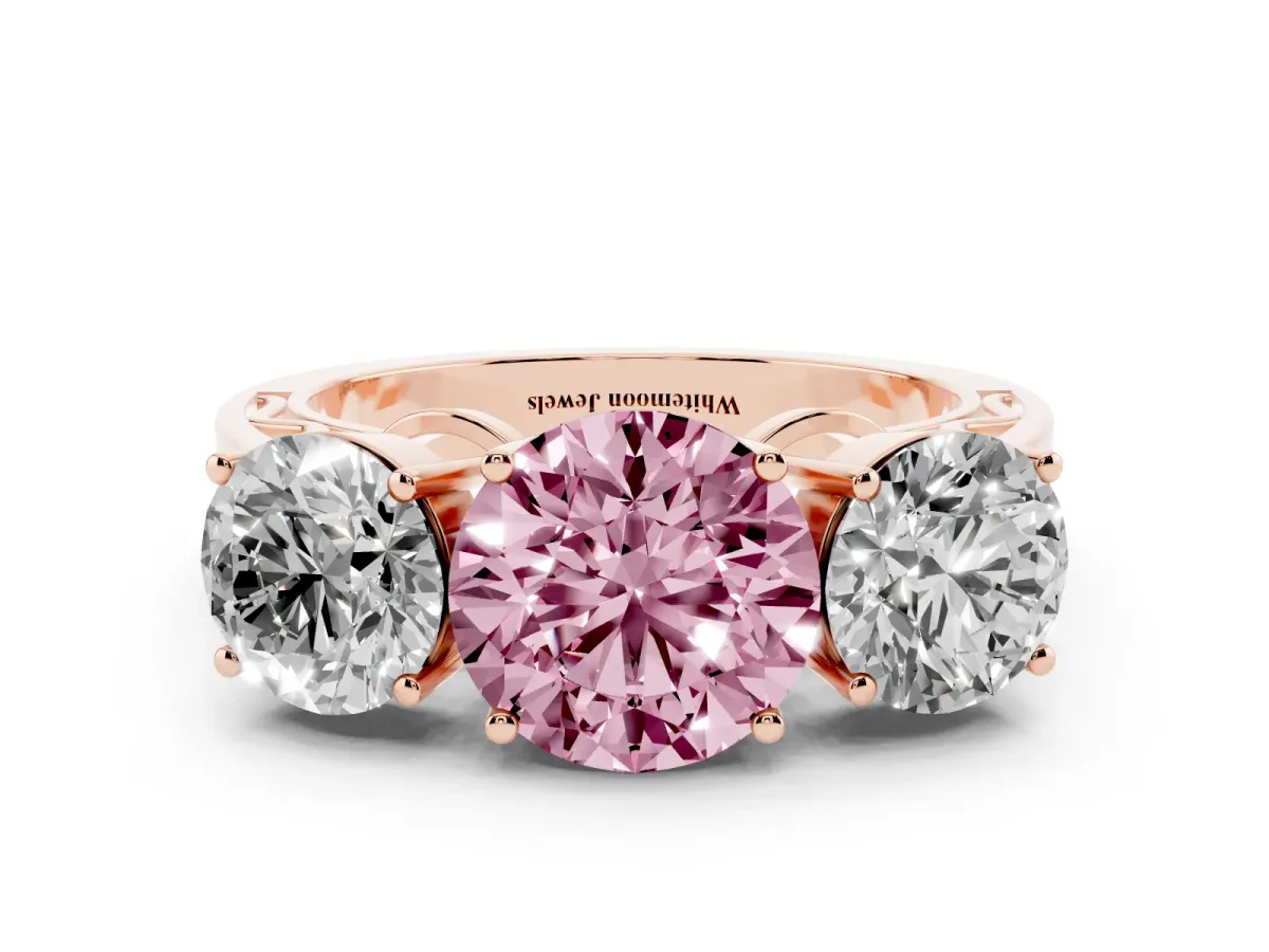 Fancy Pink Round Cut Diamond Three-Stone Ring with Prong Setting and Textured Band Rose gold