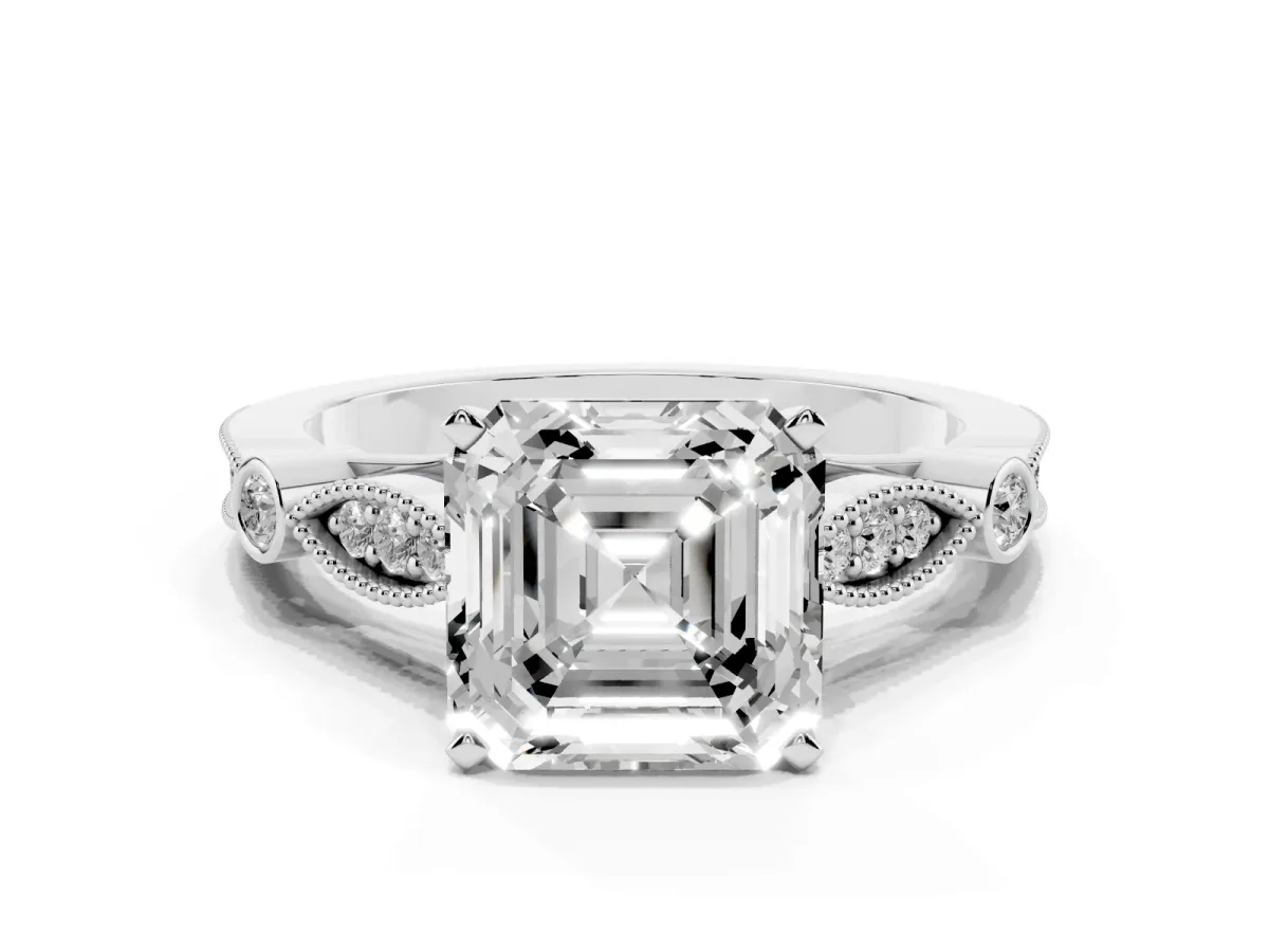 Asscher Cut Cut Diamond with Milgrain Marquise and Bezel Accents on a Solitaire Band with Prong Setting Platinum