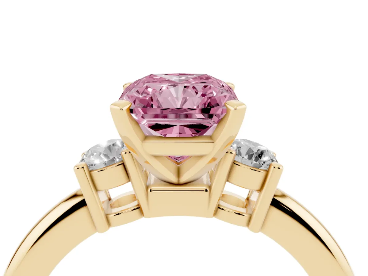Fancy Pink Three-Stone Radiant Cut Cut Diamond Solitaire with Prong Setting and Classic Band Yellow gold