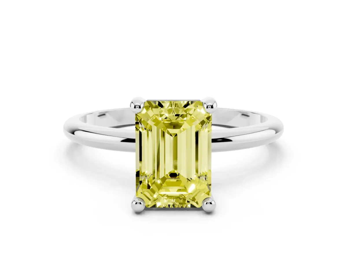 Fancy Yellow Emerald Cut Solitaire Diamond Ring with 4-Prong Setting on a Classic Band White gold