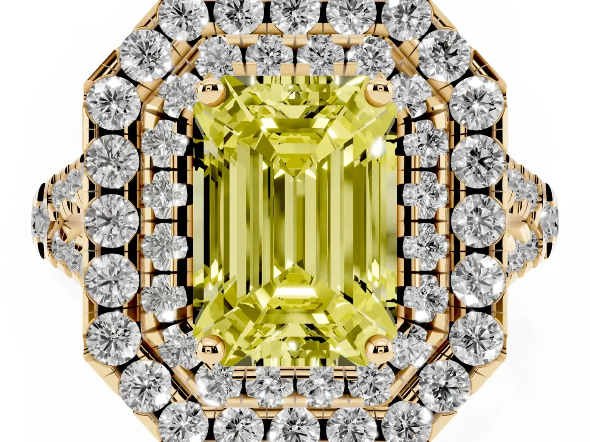 Fancy Yellow Double Halo Emerald Cut Diamond Pavé Split Shank Ring with Prong Setting Yellow gold