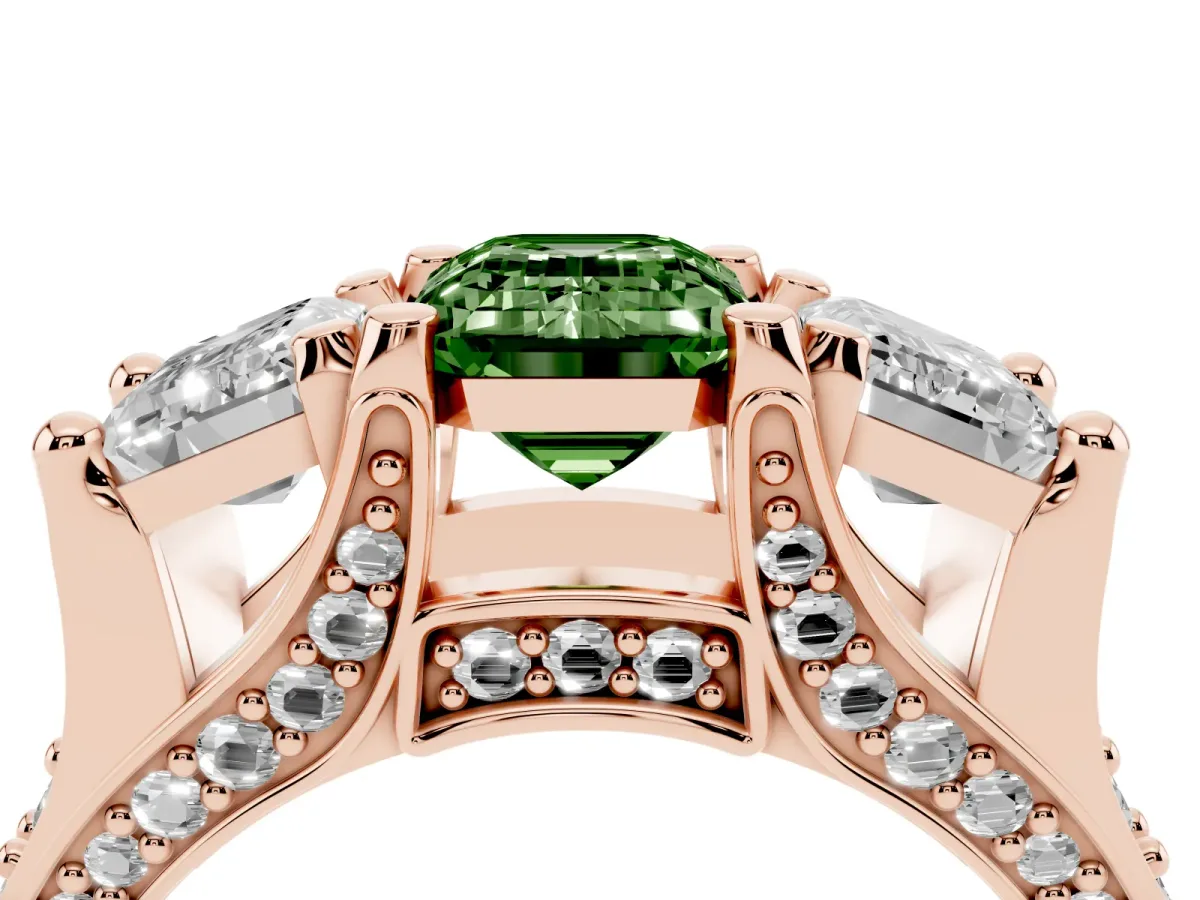 Fancy Green Emerald Cut Diamond Three-Stone Ring with Channel Set Band and Four-Prong Setting Rose gold